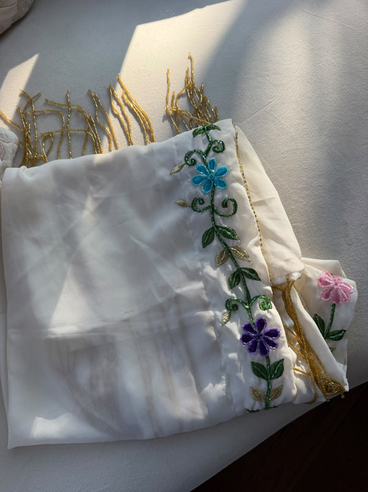 White Palestinian Scarf with Colorful Floral Embroidery and Gold Fringe