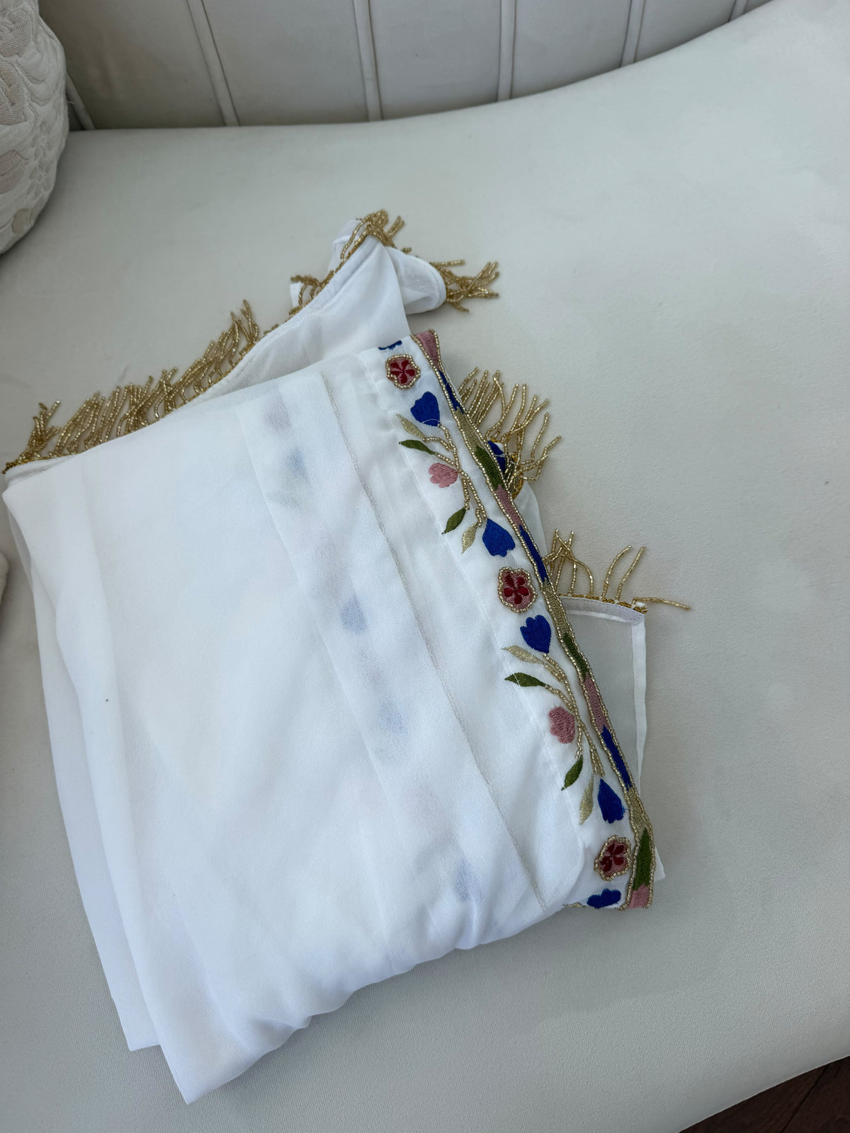 Elegant White Palestinian Scarf with Colorful Floral Embroidery and Gold Beaded Fringe