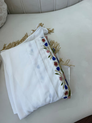 Elegant White Palestinian Scarf with Colorful Floral Embroidery and Gold Beaded Fringe