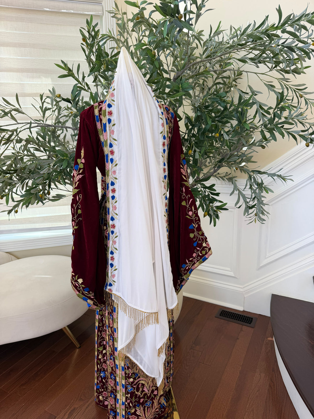 Elegant Burgundy Velvet Palestinian Thobe with Colorful Floral Embroidery(scarf not included)
