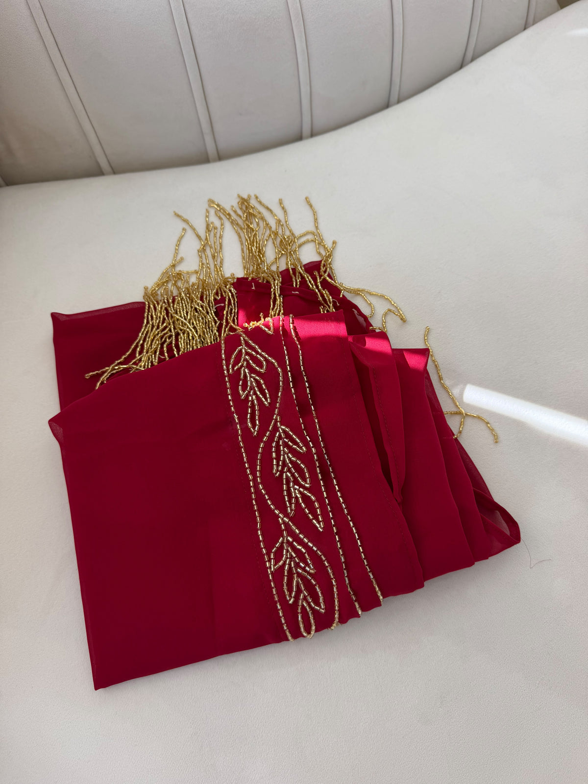 Elegant Burgundy Red Scarf with Gold Beaded Embroidery and Fringe Detailing