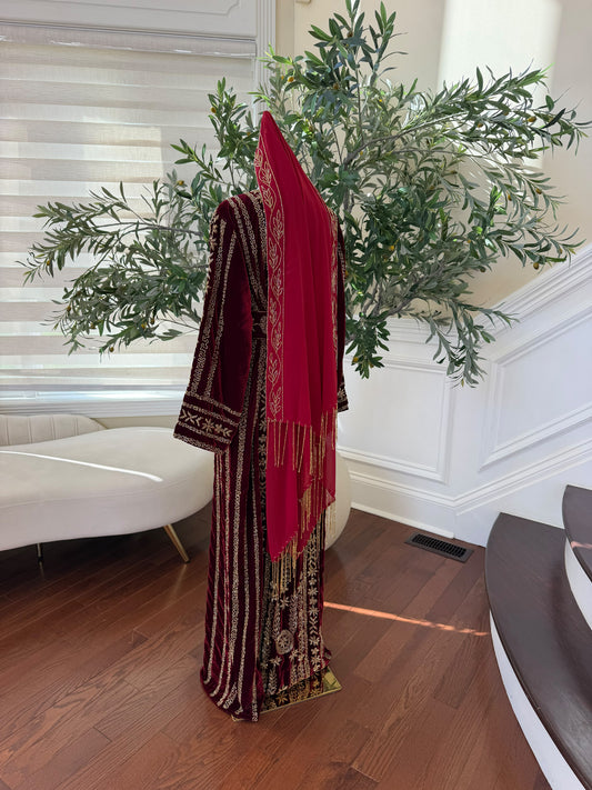Elegant Burgundy Red Scarf with Gold Beaded Embroidery and Fringe Detailing