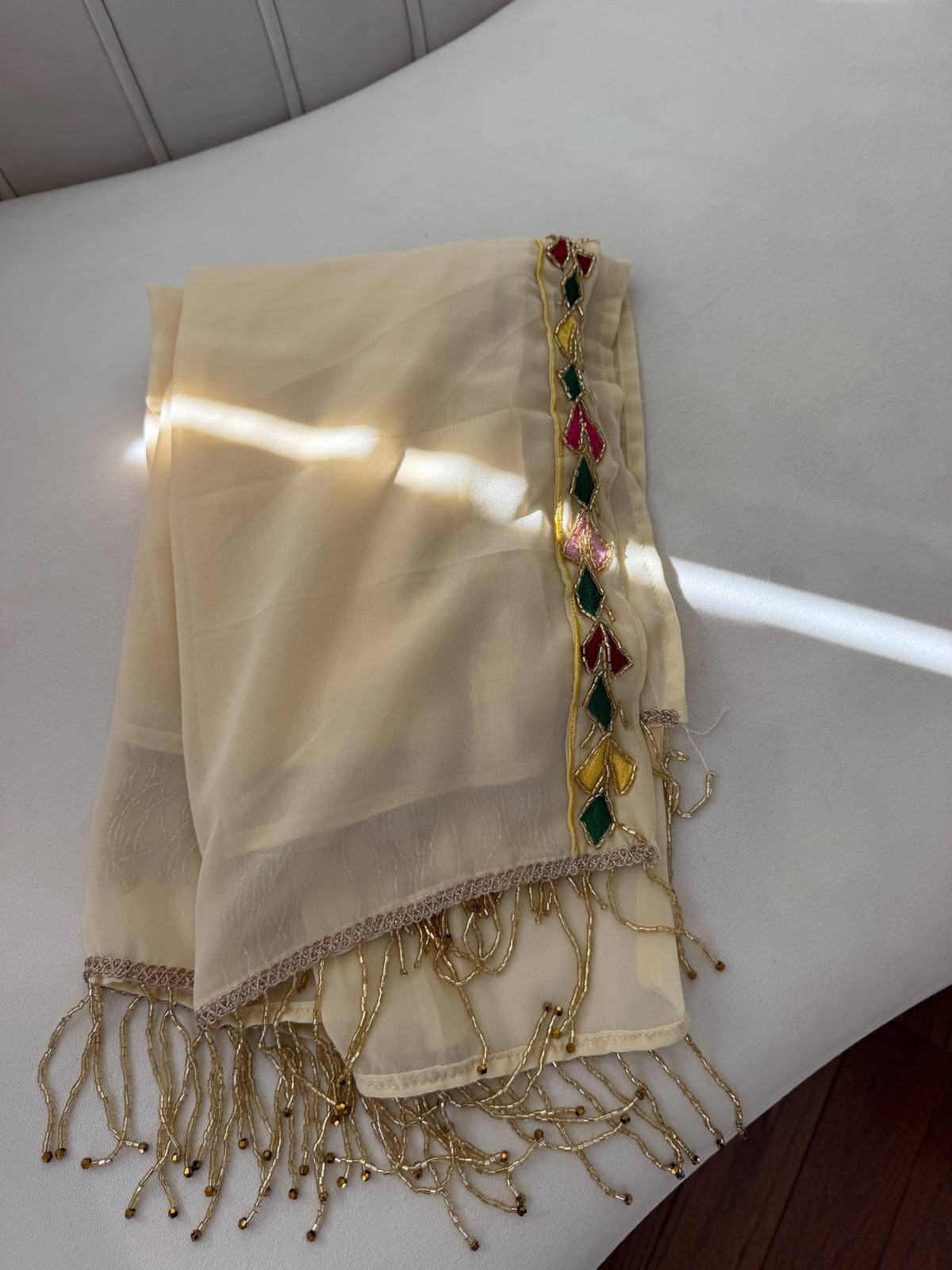 Elegant Cream Scarf with Colorful Embroidery and Gold Beaded Fringe