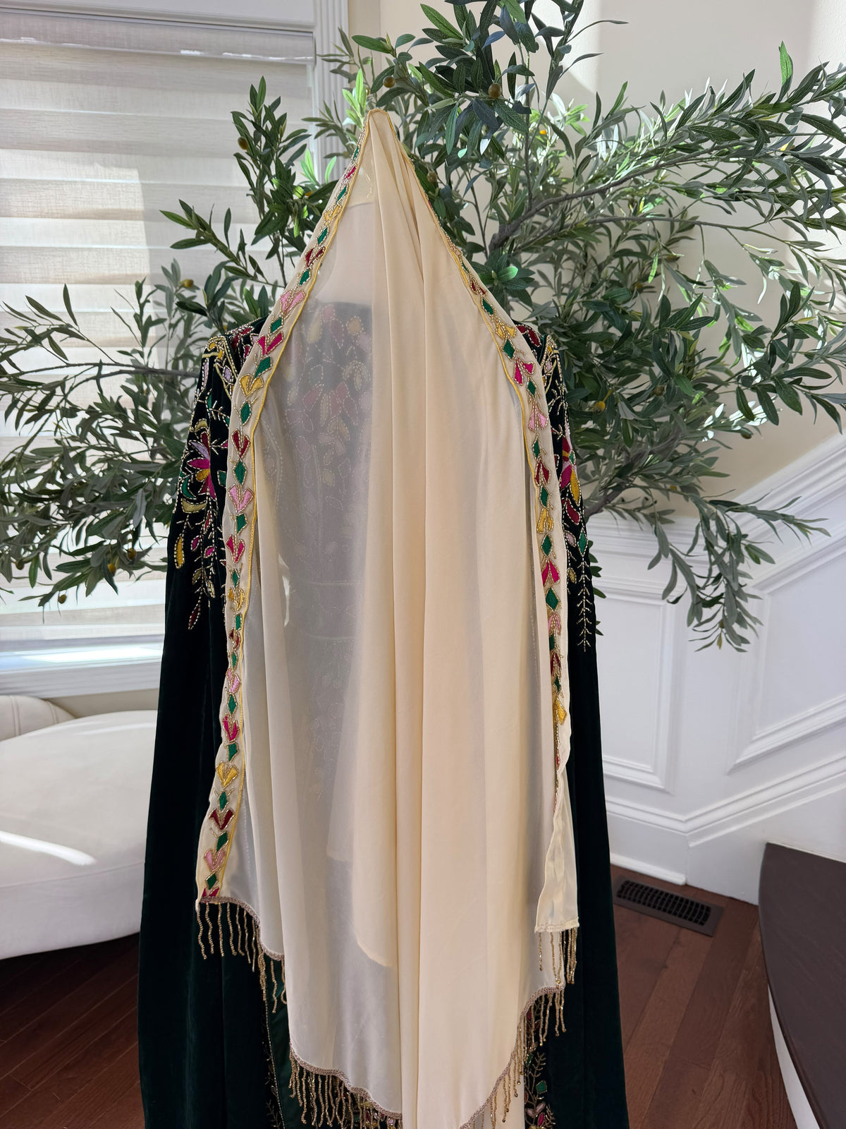 Elegant Cream Scarf with Colorful Embroidery and Gold Beaded Fringe