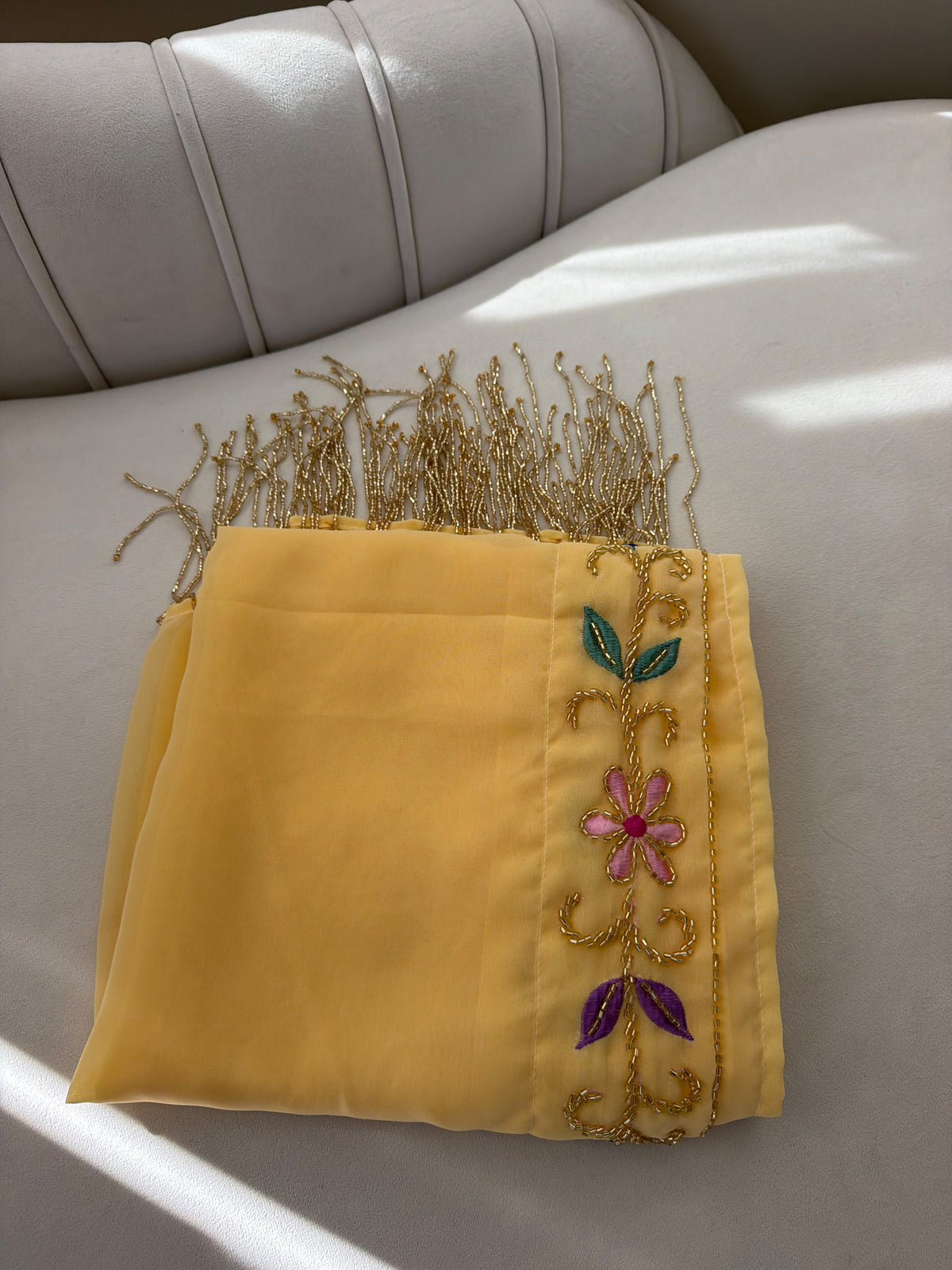 Elegant Yellow Scarf with Floral Embroidery and Gold Beaded Fringe