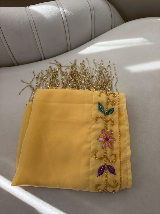 Elegant Yellow Scarf with Floral Embroidery and Gold Beaded Fringe