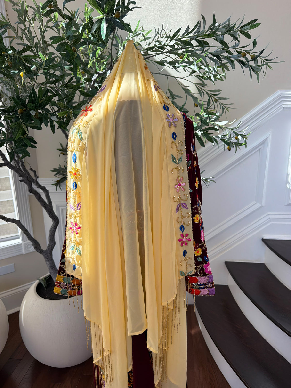 Elegant Yellow Scarf with Floral Embroidery and Gold Beaded Fringe