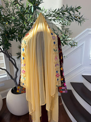 Elegant Yellow Scarf with Floral Embroidery and Gold Beaded Fringe