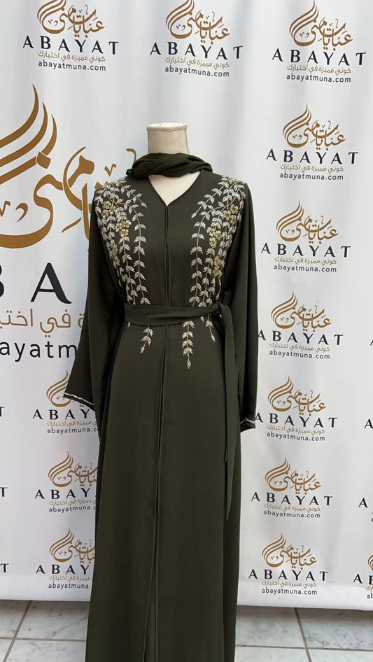 Green Abaya Featuring Beautiful Floral Handwork #202589