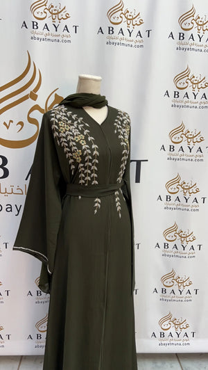 Green Abaya Featuring Beautiful Floral Handwork #202589