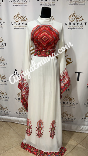 Red Palestinian Embroidery White Tatrez Dress