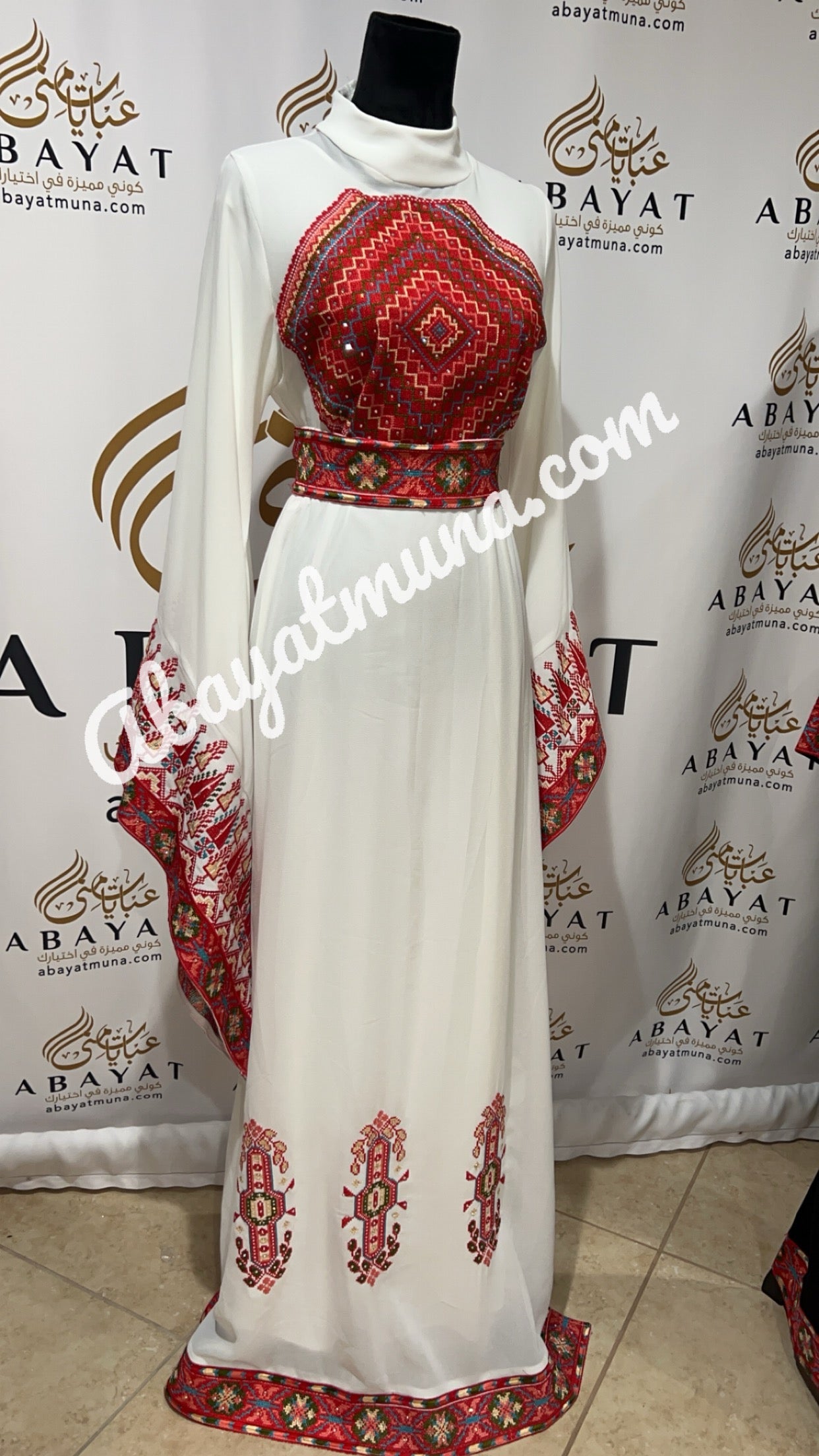 Red Palestinian Embroidery White Tatrez Dress