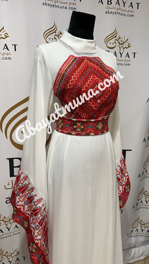 Red Palestinian Embroidery White Tatrez Dress