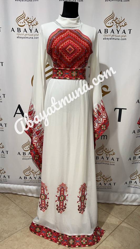 Red Palestinian Embroidery White Tatrez Dress