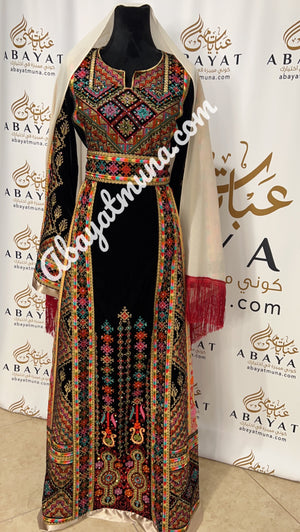 Embroidered Palestinian Fellahi Velvet Thobe In Black 9198476