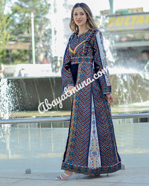 Velvet Navy Blue Stone Embroidery Thoub With Belt 9198499 A