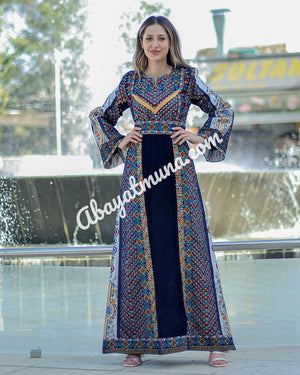 Velvet Navy Blue Stone Embroidery Thoub With Belt 9198499 A