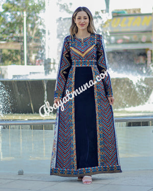 Velvet Navy Blue Stone Embroidery Thoub With Belt 9198499 A