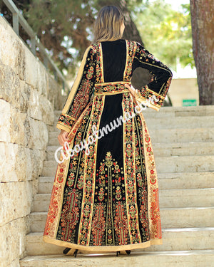 Black Velvet Malacca Embroidered Palestinian Fellahi Thobe #A7621