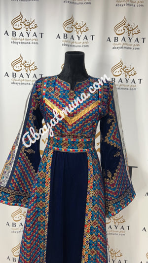 Velvet Blue Tatreez Embroidery Thobe With Belt #2905431 A