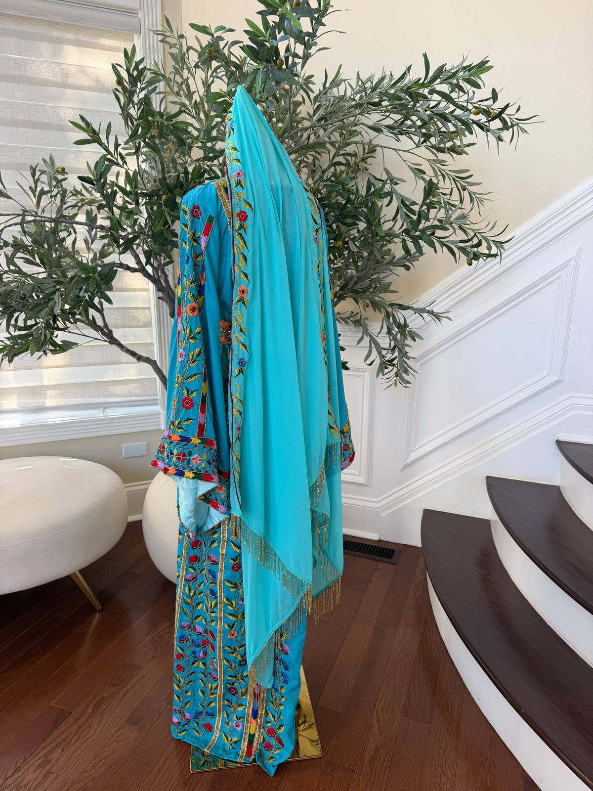 Turquoise Floral Embroidered Scarf with Gold Fringe