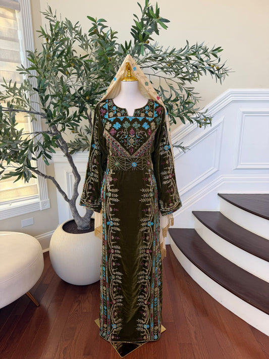 Olive Green Velvet Palestinian Thobe with Colorful Floral Embroidery – Scarf Not Included