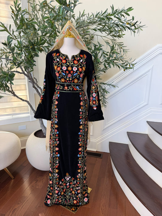 Black Velvet Palestinian Thobe with Colorful Floral Embroidery – Scarf Not Included