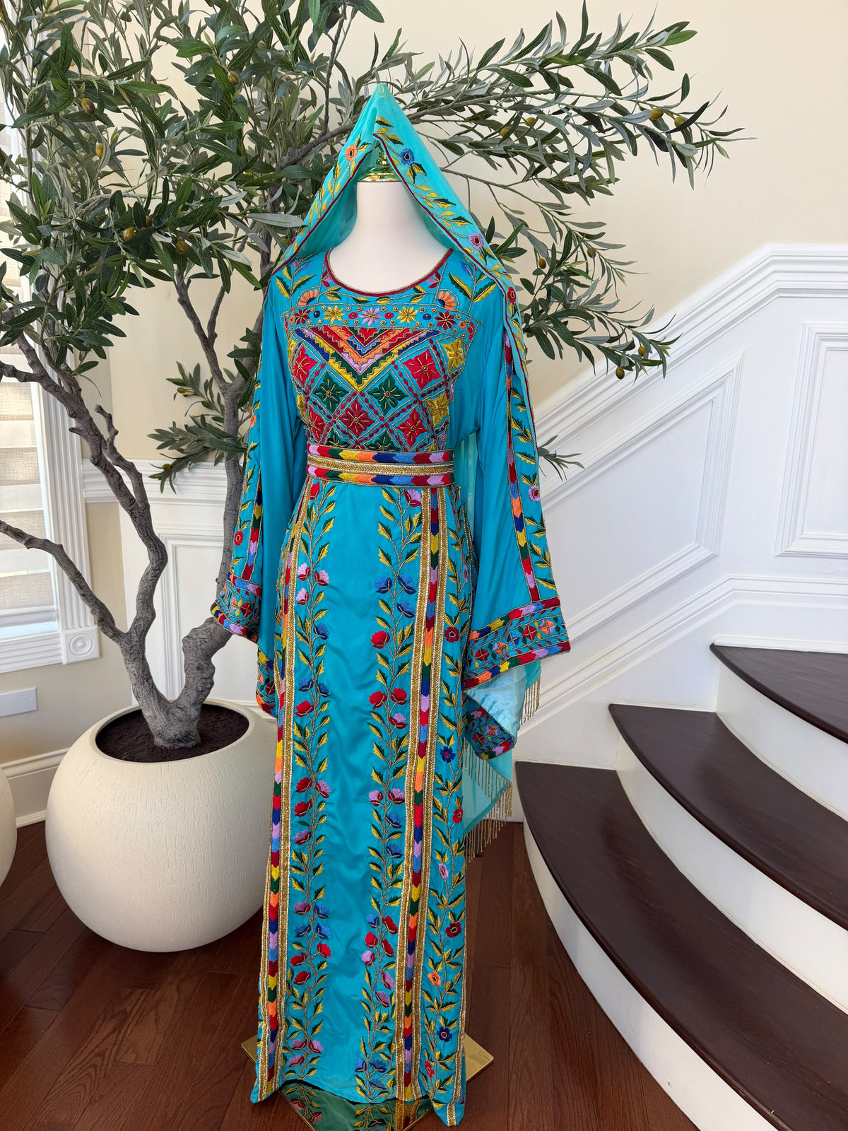 Turquoise Floral Embroidered Palestinian Thobe – Scarf Not Included