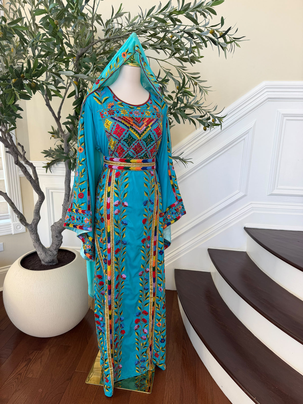 Turquoise Floral Embroidered Palestinian Thobe – Scarf Not Included