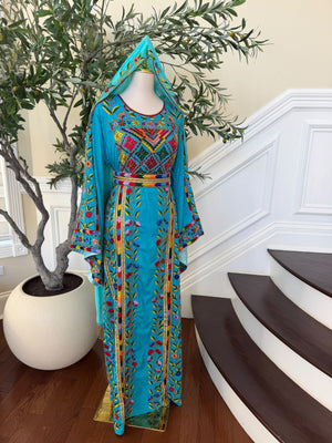 Turquoise Floral Embroidered Palestinian Thobe – Scarf Not Included