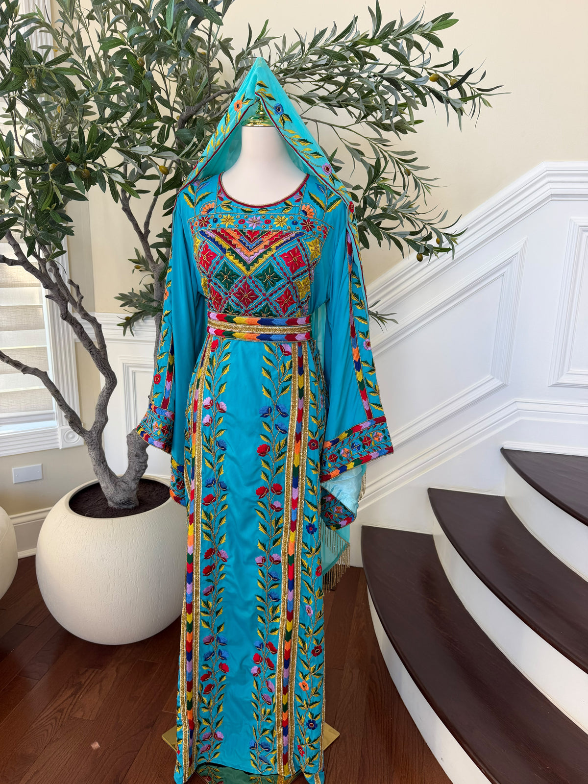 Turquoise Floral Embroidered Palestinian Thobe – Scarf Not Included