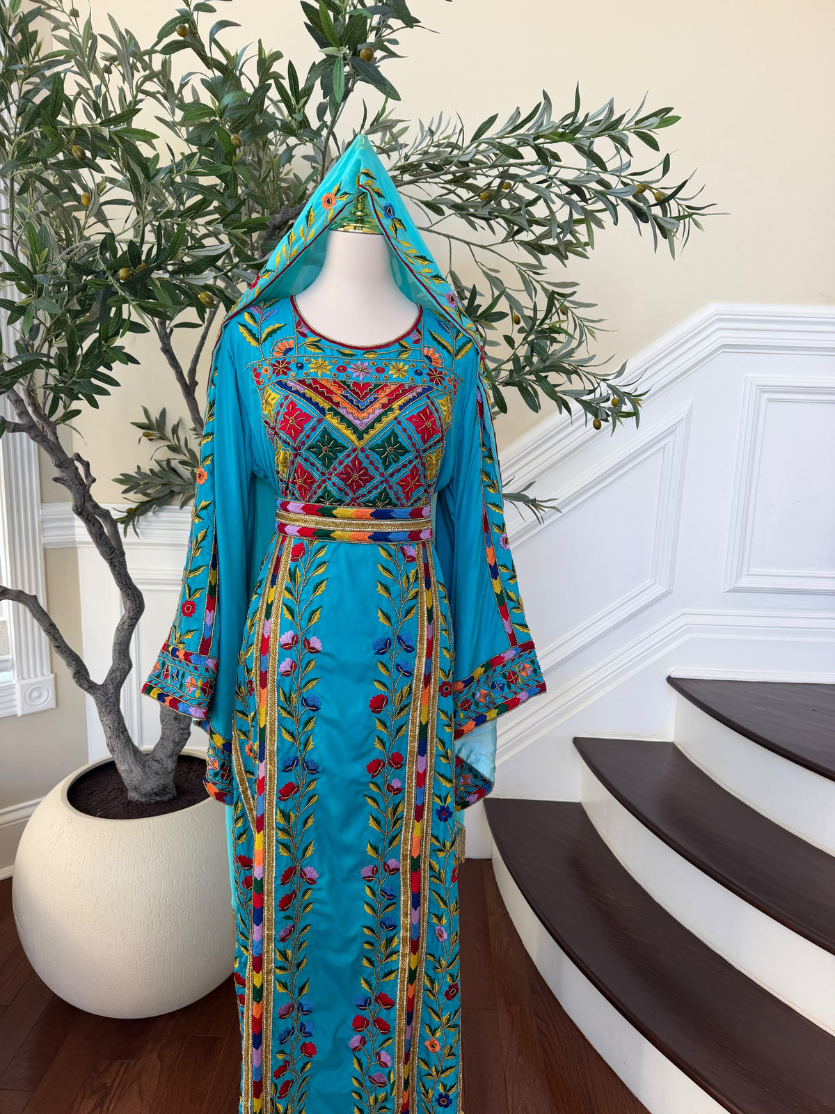Turquoise Floral Embroidered Palestinian Thobe – Scarf Not Included