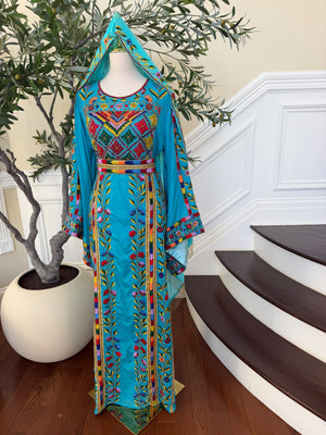Turquoise Floral Embroidered Palestinian Thobe – Scarf Not Included