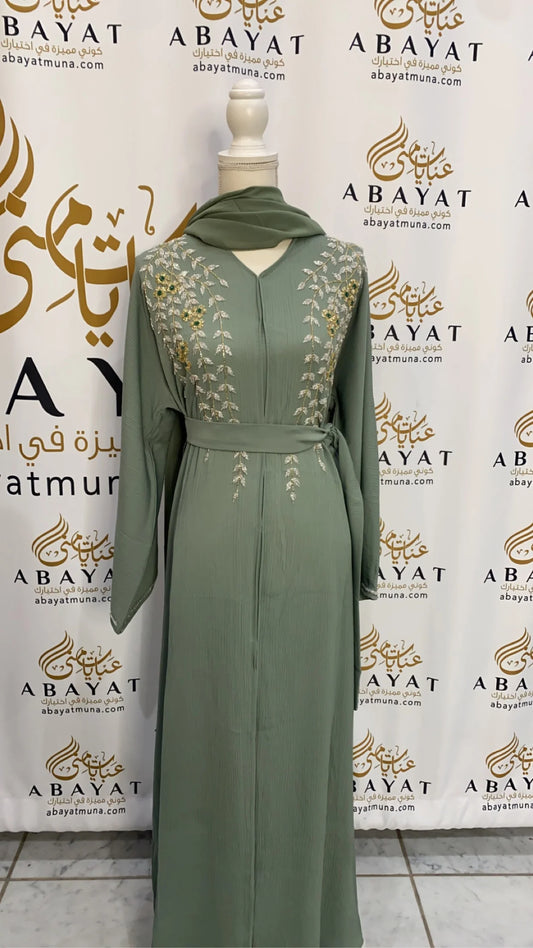 Mint Bloom Abaya Featuring Beautiful Floral Handwork #202588