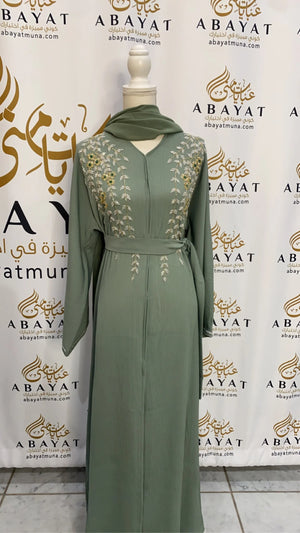 Mint Bloom Abaya Featuring Beautiful Floral Handwork #202588