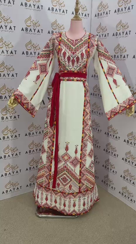 White Embroidery Red Tatreez Thobe