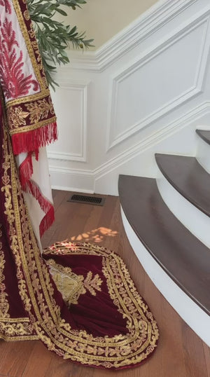 Royal Burgundy Embroidered & Hand-Beaded Bridal Ensemble — Includes Belt, Scarf & Overskirt