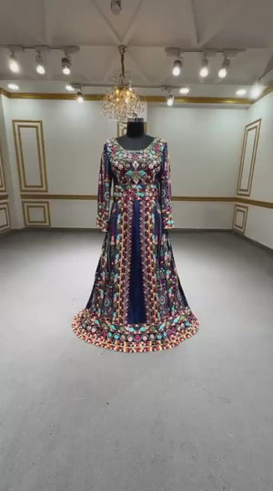 Elegant Floral Blue Stone Thobe Dress